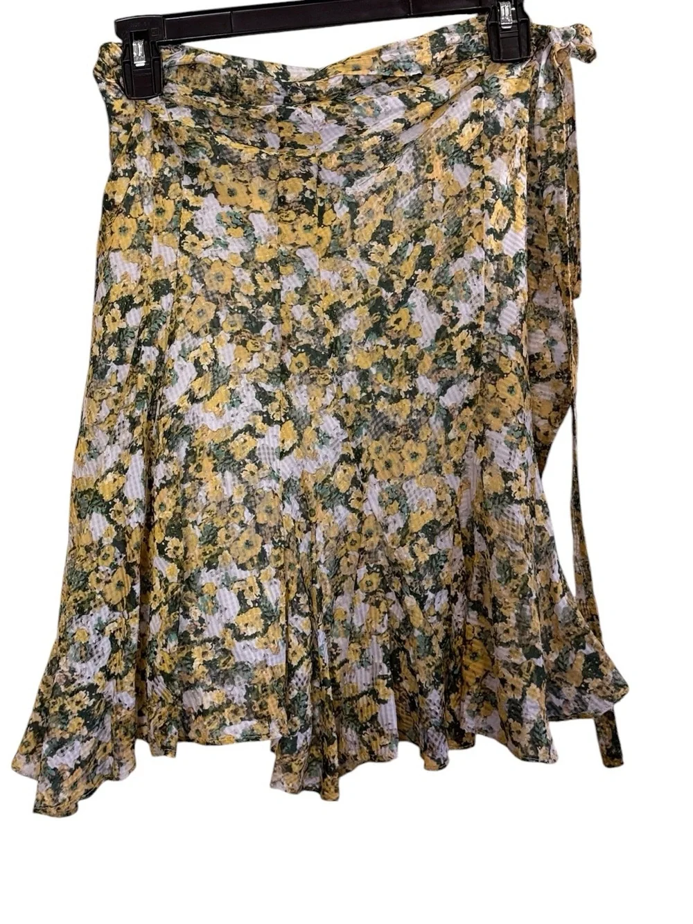 Isabel Marant Yellow Green Silk Perforated Floral Cottagecore Wrap Mini Skirt